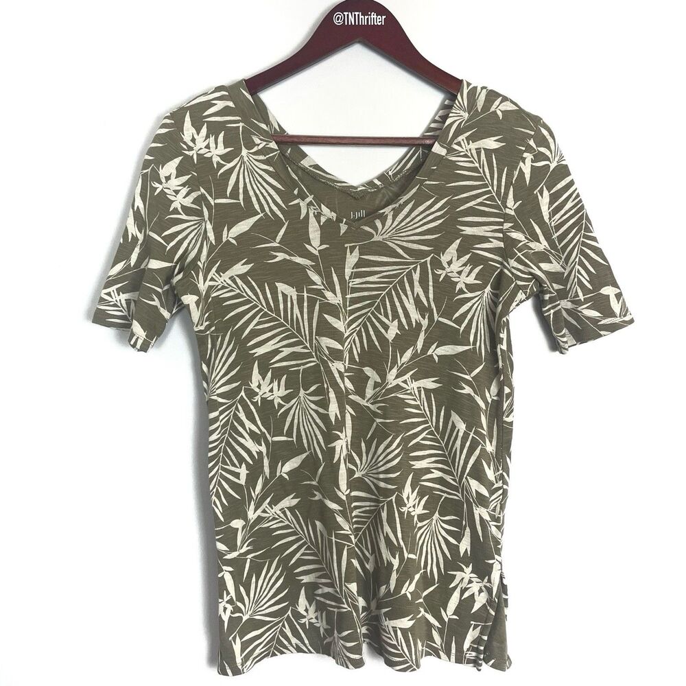 J Jill Pima Cotton Double V Elbow Short Sleeve Shirt Tropical Green XS Petite